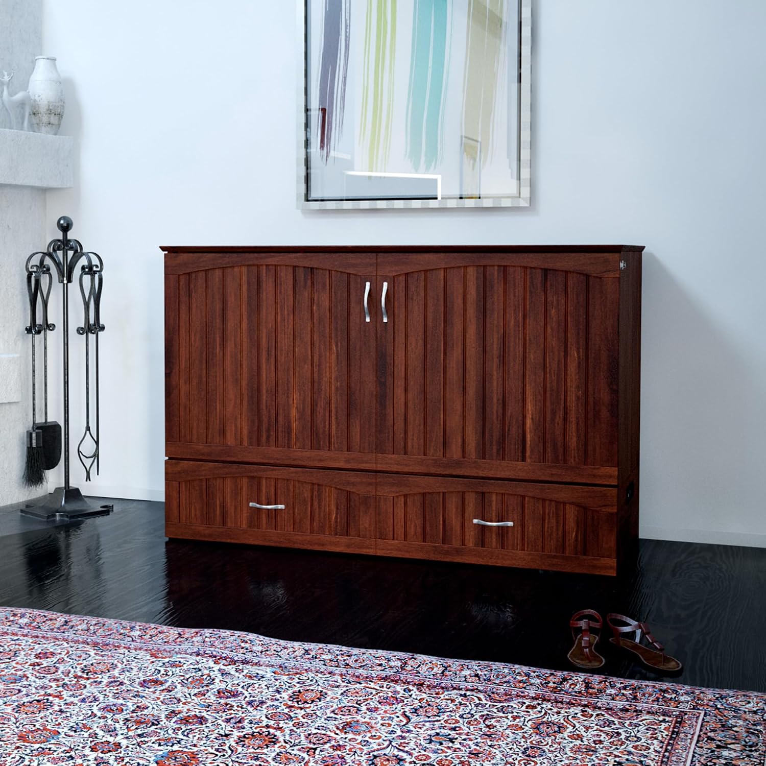 AFI, Southampton Murphy Bed Chest Queen with 6' Mattress, Storage Drawer & Built-in USB Charger, Walnut