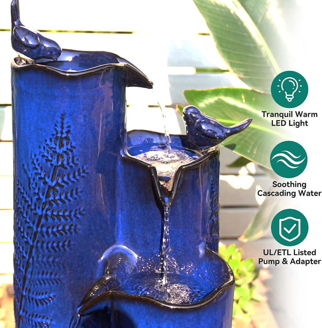 32' H Ceramic Outdoor Water Fountain with LED Lights, 4-Tier Vase Outdoor Fountain, Cobalt Blue Glaze, Embossed Fern Pattern, Cascading Waterfall for Tranquil Garden, Patio, or Porch