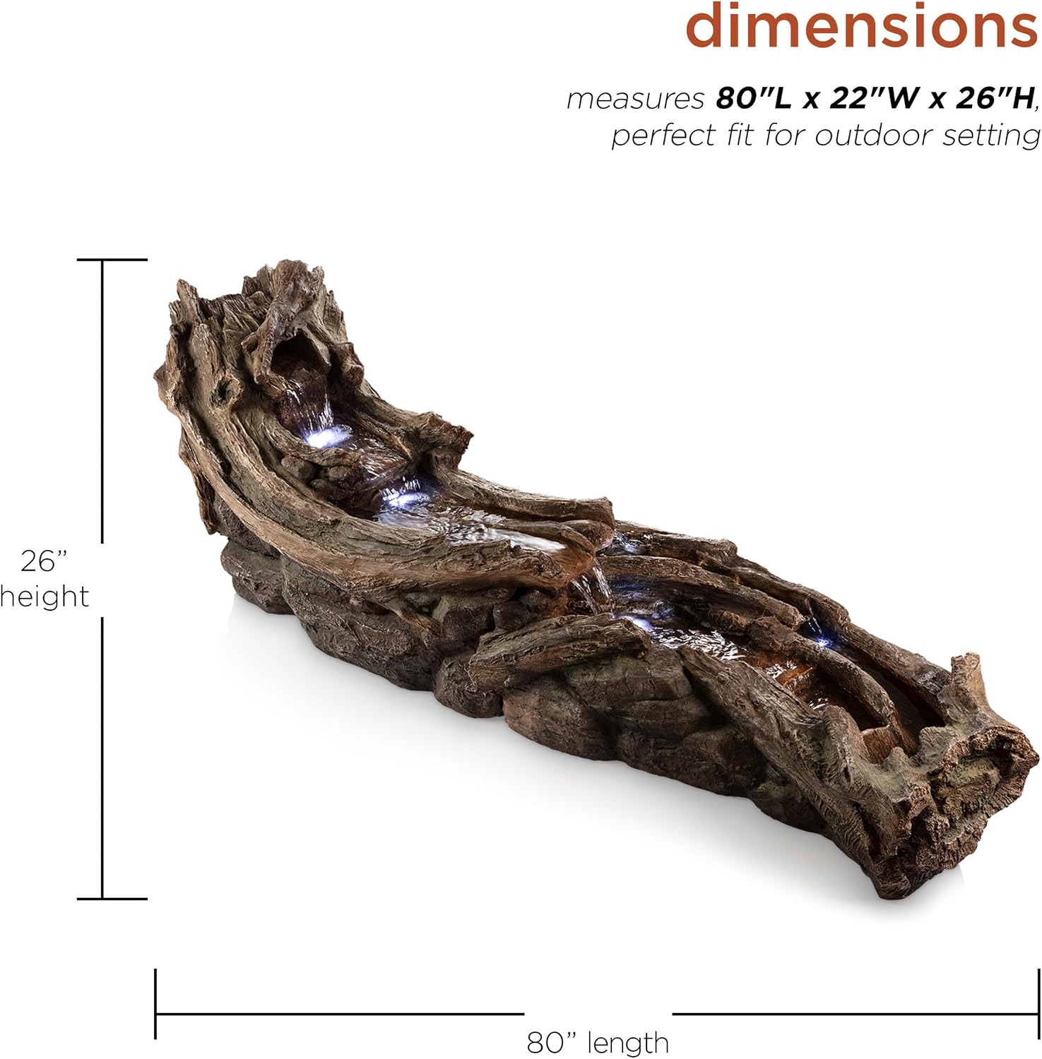 Alpine Corporation 80' Long Indoor/Outdoor Wood River Log Water Fountain with LED Lights, Cascading Natural Water Feature for Gardens, Patios, Yards, and Outdoor Decor, Brown and Gray