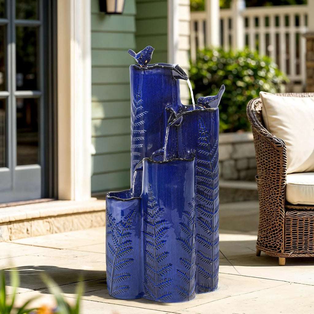 32' H Ceramic Outdoor Water Fountain with LED Lights, 4-Tier Vase Outdoor Fountain, Cobalt Blue Glaze, Embossed Fern Pattern, Cascading Waterfall for Tranquil Garden, Patio, or Porch