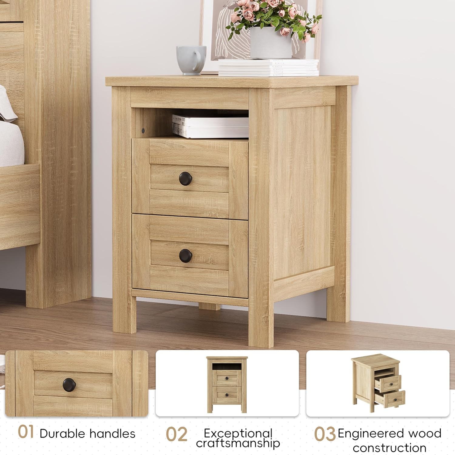 Farmhouse Bedroom Set 3 Pieces, Queen Size Wood Platform Bed Frame, Nightstand and Dressing Table, Queen Bedframe with Double Sliding Door Headboard and Charging Station (Natural, Queen)