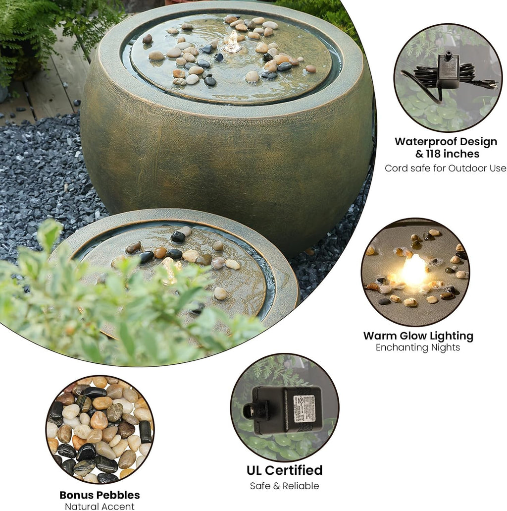 Tankana Garden Water Fountain Outdoor Bubbler Water Feature Indoor with Lights & Pump and Pebbles Waterfall Fountains Concrete Effect for Patio Deck Yard Home Decor Gold, 18 'L x 18' W x 11.5' H