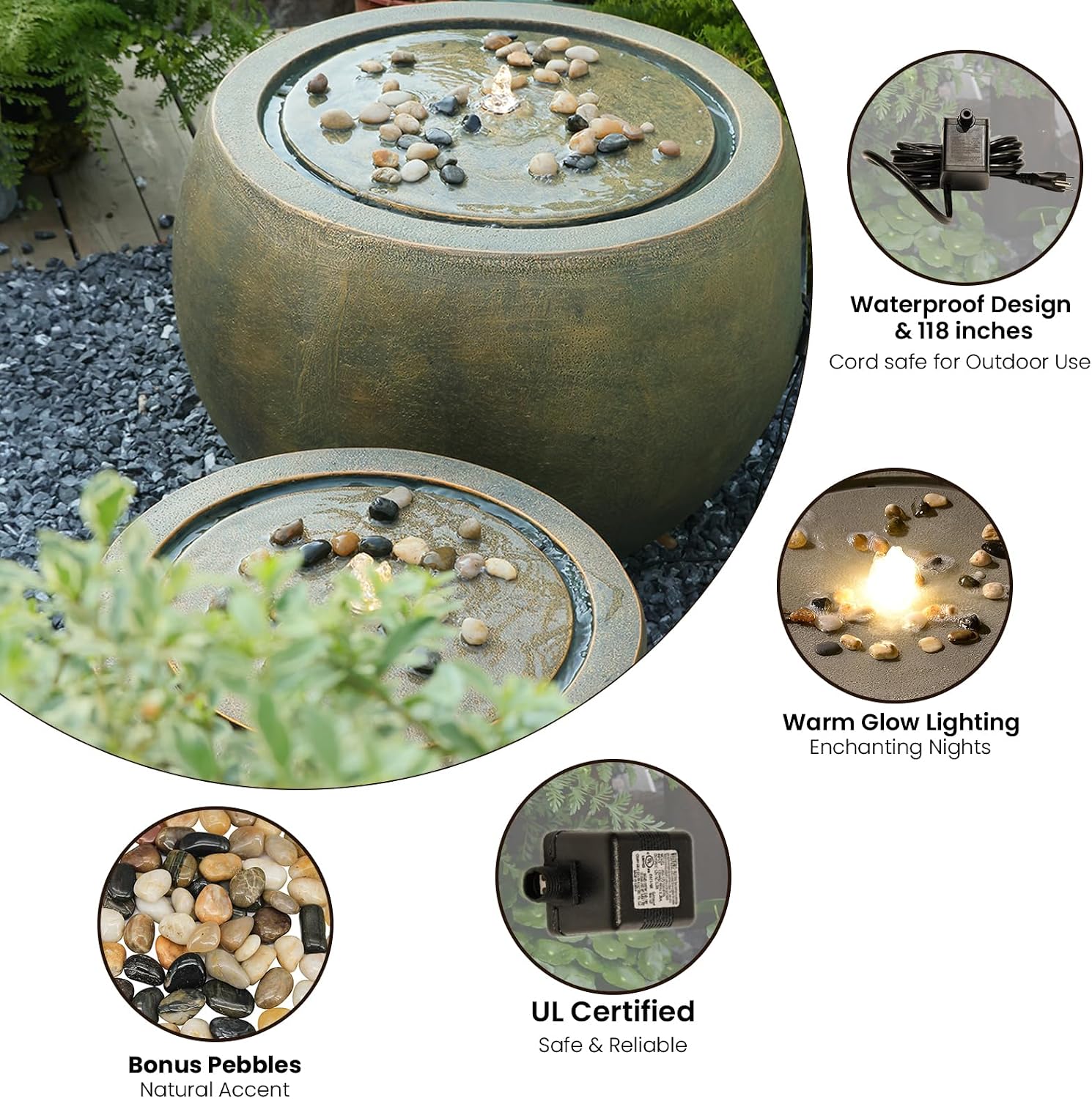 Tankana Garden Water Fountain Outdoor Bubbler Water Feature Indoor with Lights & Pump and Pebbles Waterfall Fountains Concrete Effect for Patio Deck Yard Home Decor Gold, 18 'L x 18' W x 11.5' H
