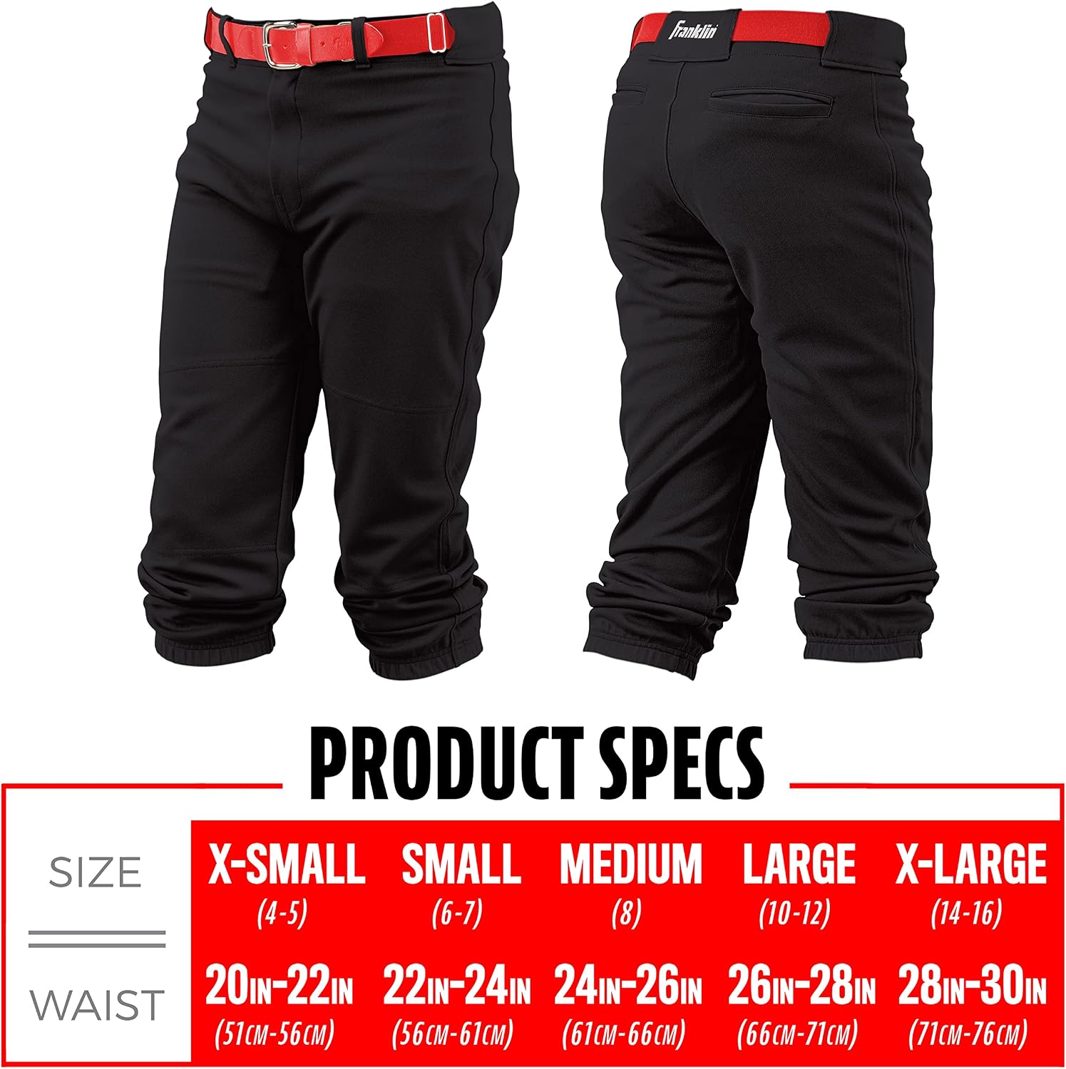 Franklin Sports Youth Baseball + Softball Pants - Knee High Pants for Boys + Girls Knicker Style with Belt Loop