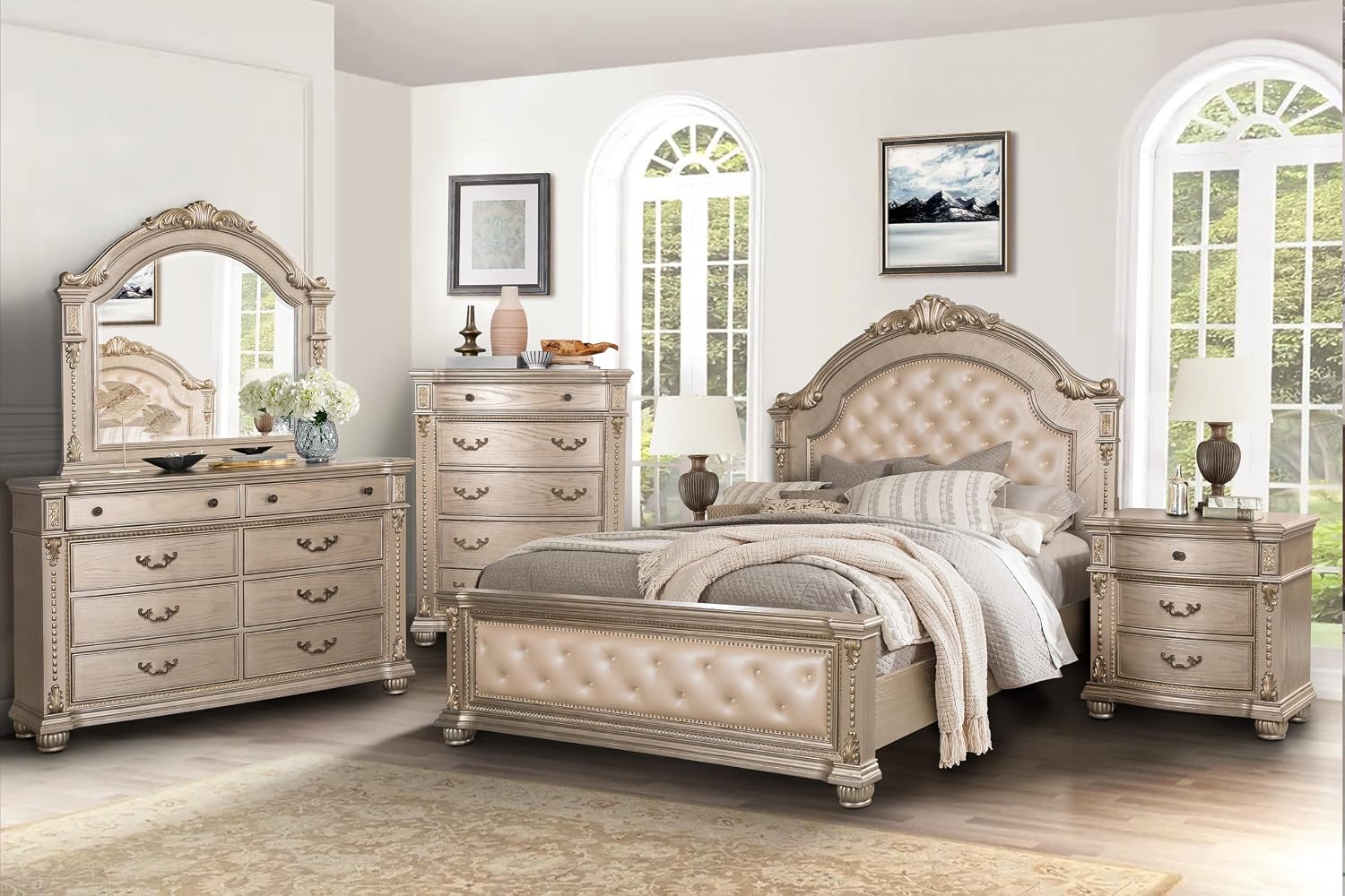 First of a Kind Evelyn Traditional 5 Piece Queen Bedroom Set with Upholstered Tufted Headboard Elegant European Inspired Design Coordinated Furniture Collection