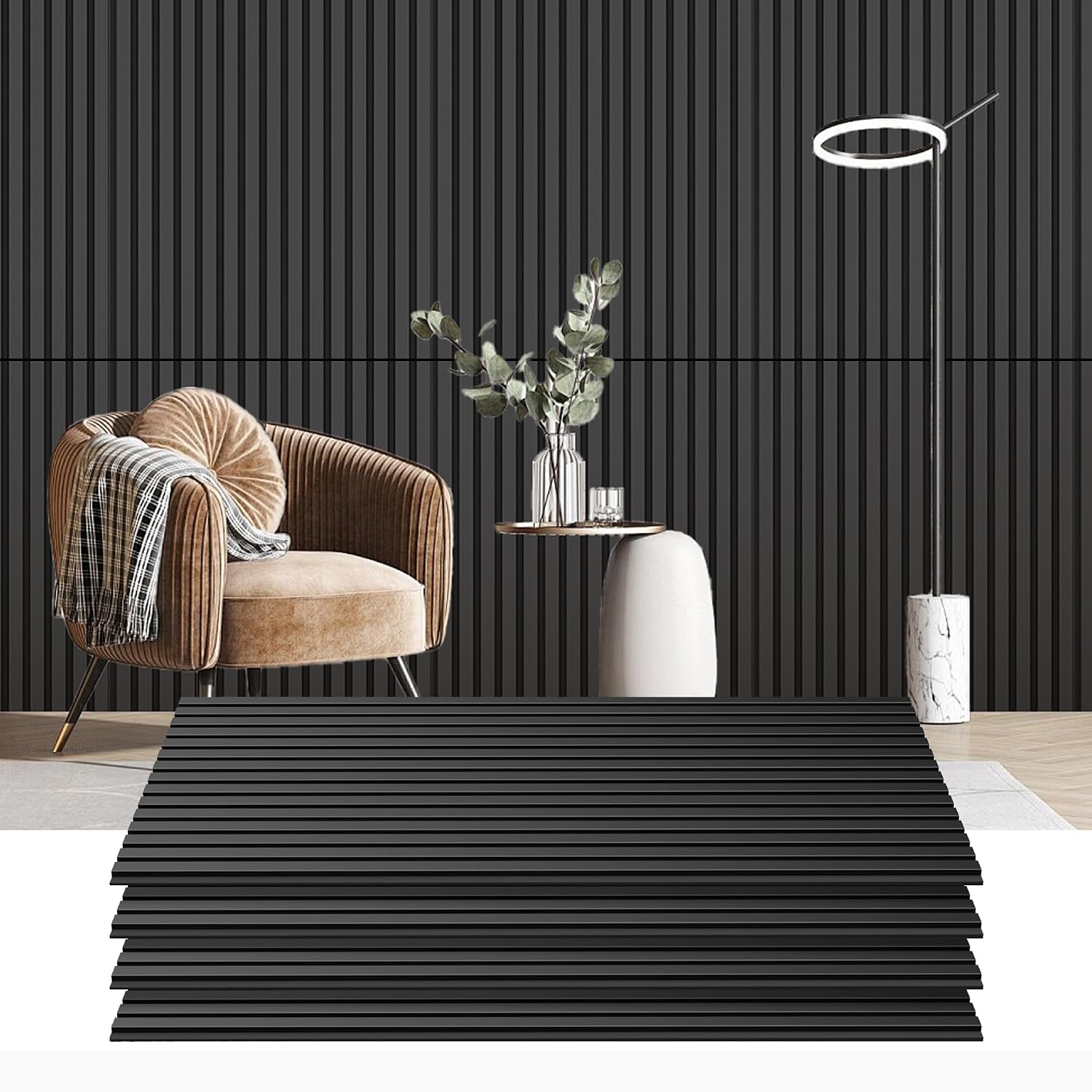 RITOLLO 4 Pack Wood Panels for Wall - 47.2'×23.6' Wood Slat Acoustic Panels for Wall, Soundproof Panels, 3D Fluted Panels for Interior Wall Decor (Matte Black)