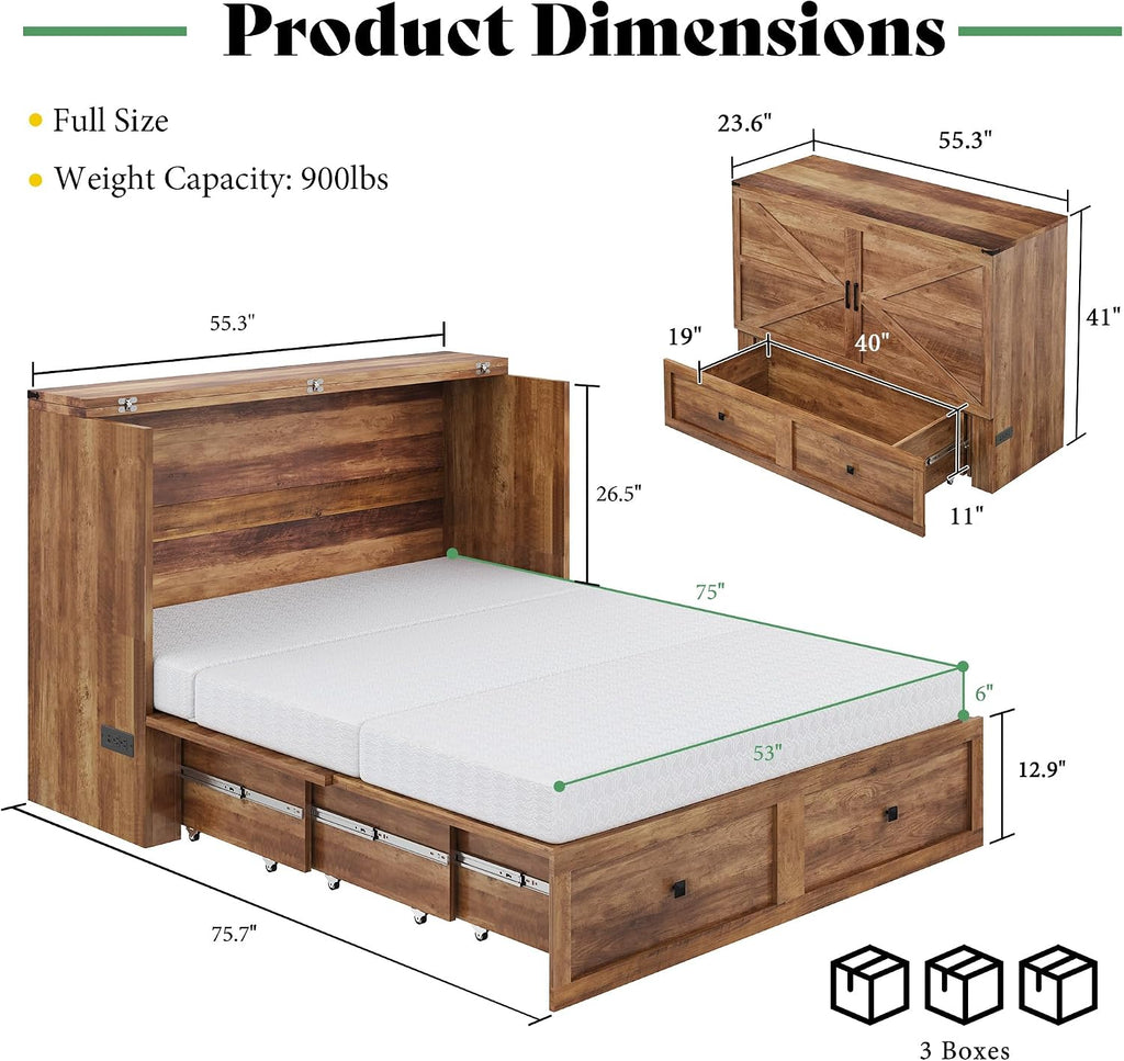 LUXOAK Full Murphy Bed with 6' White Tri-Fold Memory Foam Mattress, Storage Drawer & Charging Station, Space-Saving Design for Home Office or Guest Room, Barnwood