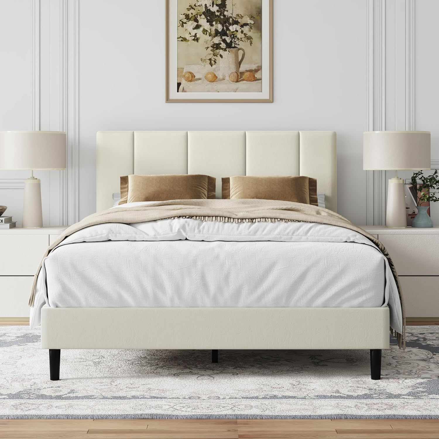 IOILORI Full Size Bed Frame Platform with Velvet Upholstered Headboard, Sturdy Wooden Slats, No Spring Box, No Noise, Easy to Assemble, Bedframe with Strong Wooden Slats, Beige
