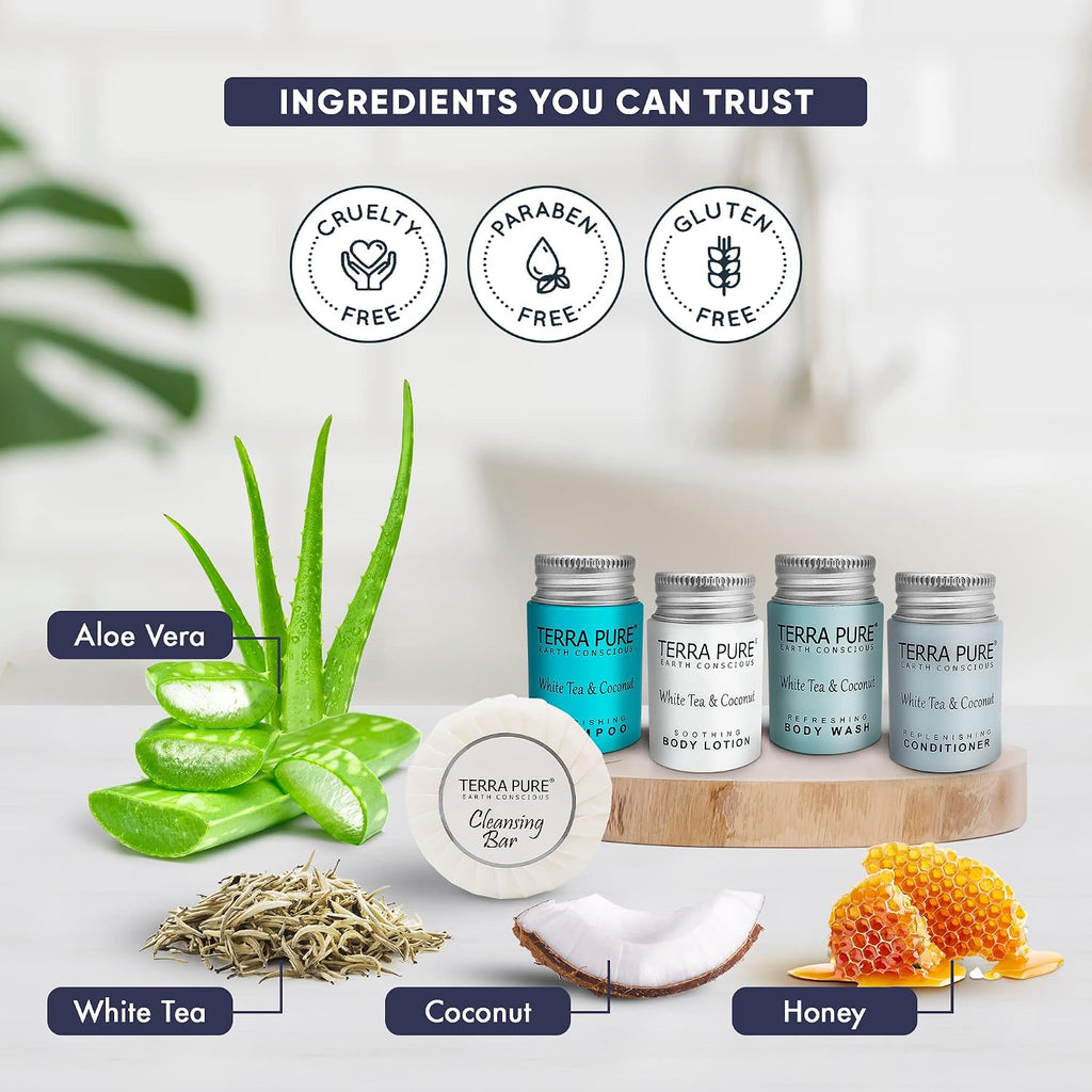 Terra Pure White Tea and Coconut | 150 pcs 1oz Shampoo and Conditioner, Body Wash, Lotion, 1.25oz Cleansing Bar and 100 pcs Bar Soap