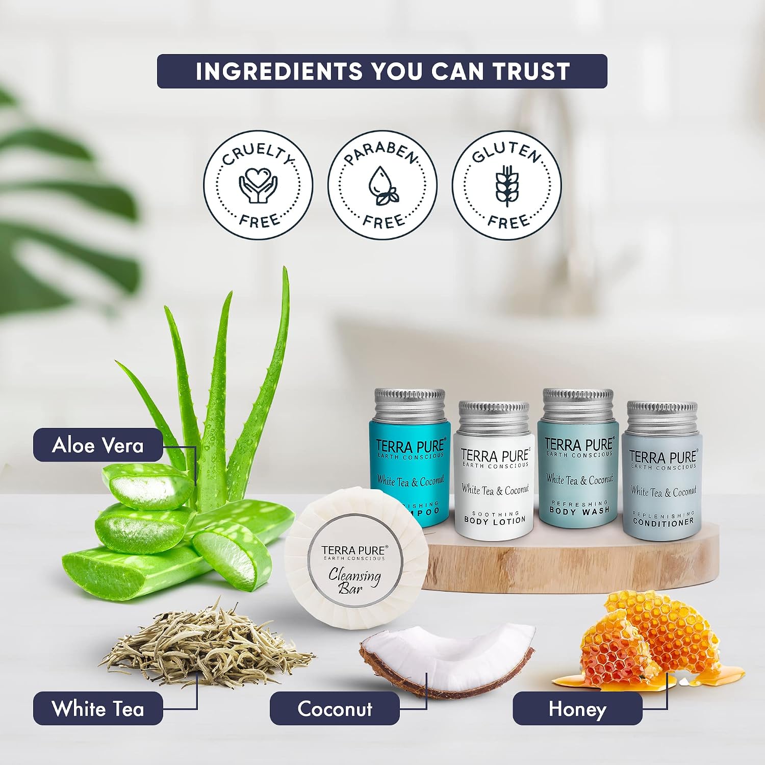Terra Pure White Tea and Coconut | 300 pcs 1oz Shampoo and Conditioner, Body Wash, Lotion, 1.25oz Cleansing Bar and 100 pcs Bar Soap
