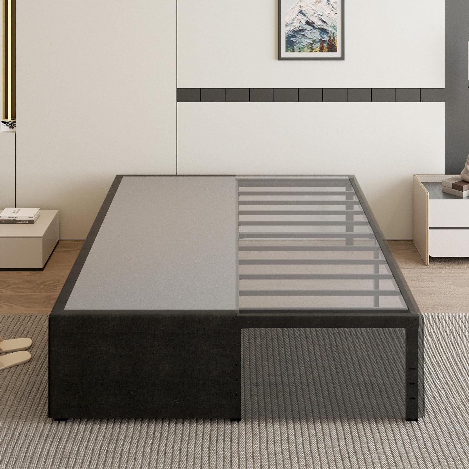 Cieemine 18 Inch California King Bed Frame with Black Bed Cover, Metal Cal King Bed Frame No Box Spring Needed, Heavy Duty Mattress Foundation, Easy Assembly, Noise Free