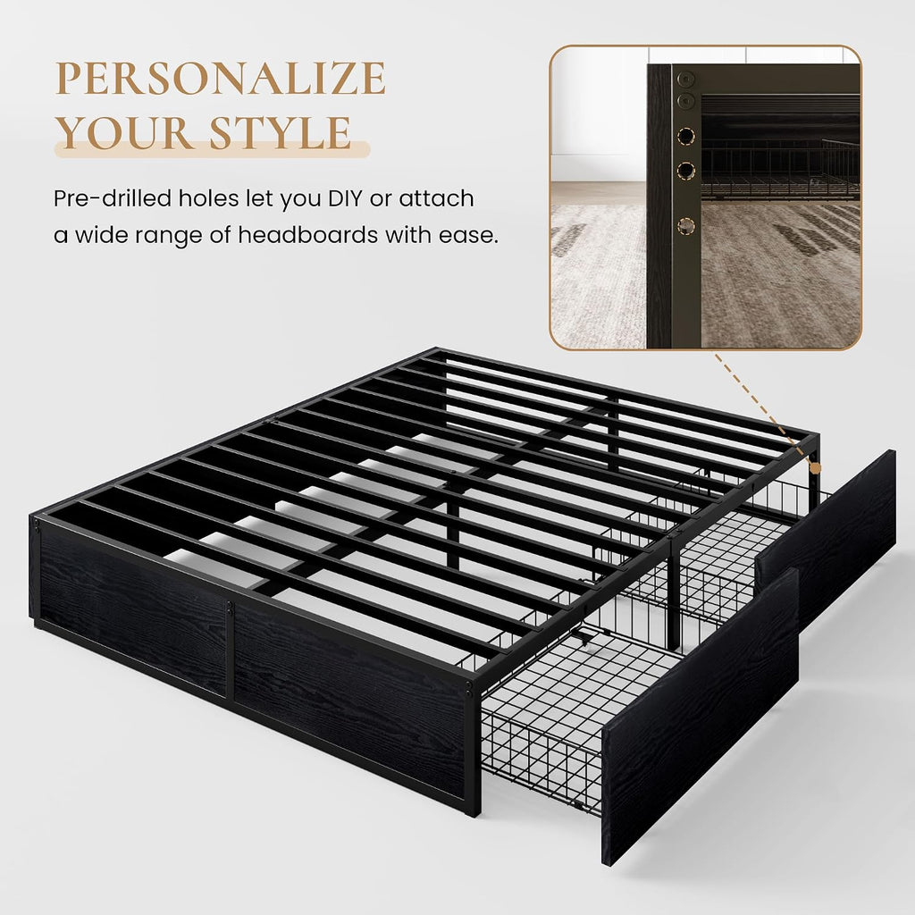 SHA CERLIN Full Platform Bed Frame with 2 Large Storage Drawers - Heavy Duty Metal & Rustic Wood, Noise-Free, No Box Spring Needed, Black