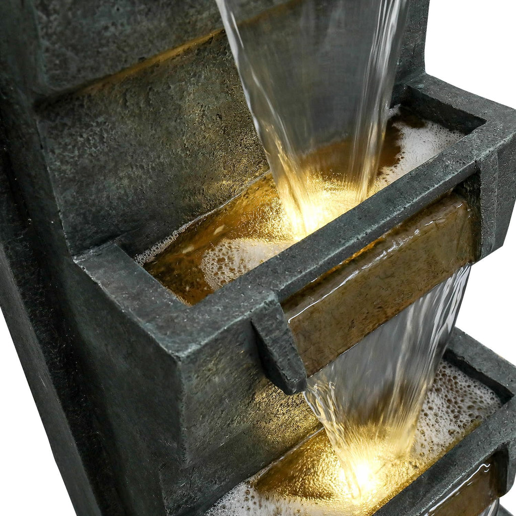 SunJet 4-Tiers Modern Cascading Indoor/Outdoor Fountains and Waterfalls with LED Lights - 39.3' High Large Water Fountain for Garden, Patio, Yard, and Deck Decor - Relaxing Water Fountain Outdoor