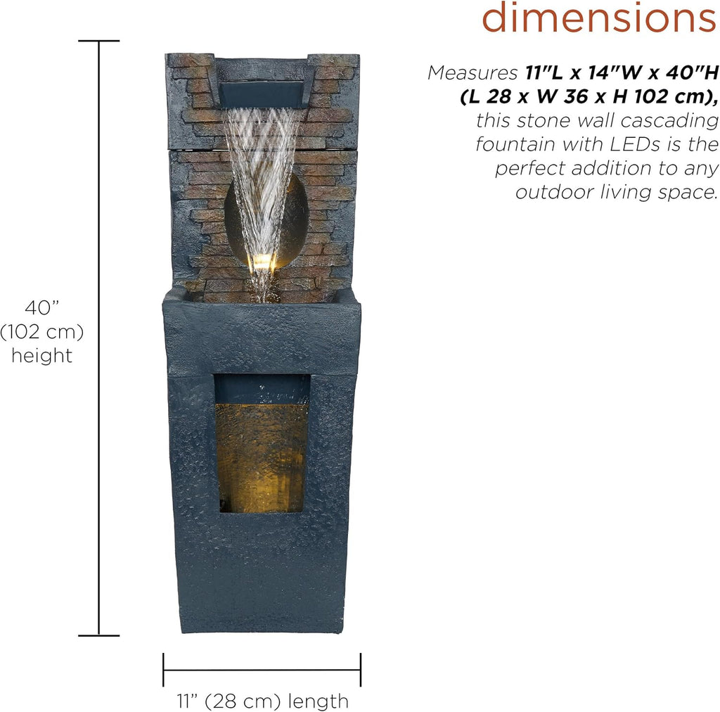 Alpine Corporation TZL398 40' Stone Wall Cascading Fountain with LED Lights, Elegant Outdoor Water Feature for Garden, Patio, Backyard & Home Decor, Relaxing Waterfall Fountain, Gray