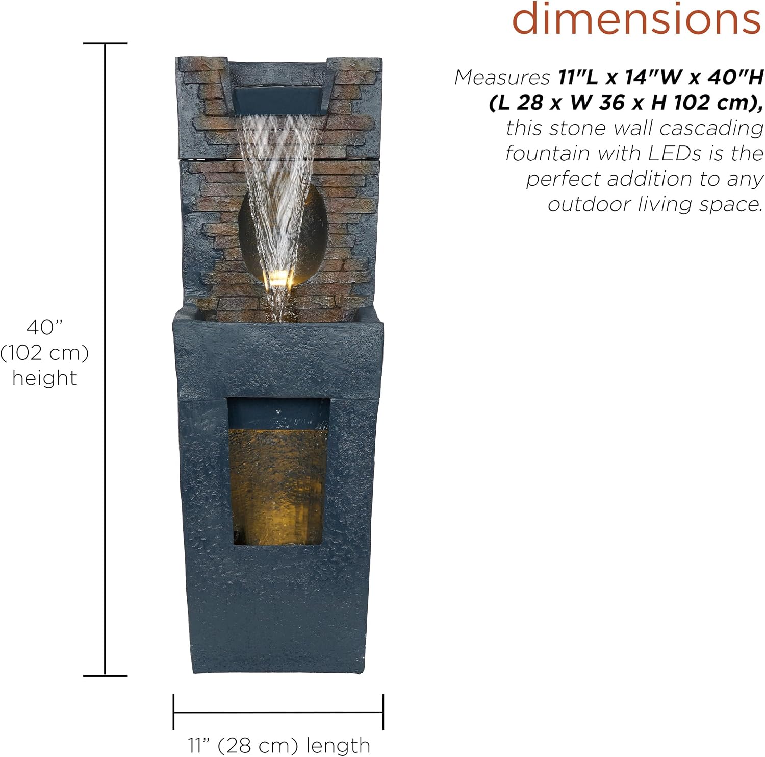 Alpine Corporation TZL398 40' Stone Wall Cascading Fountain with LED Lights, Elegant Outdoor Water Feature for Garden, Patio, Backyard & Home Decor, Relaxing Waterfall Fountain, Gray