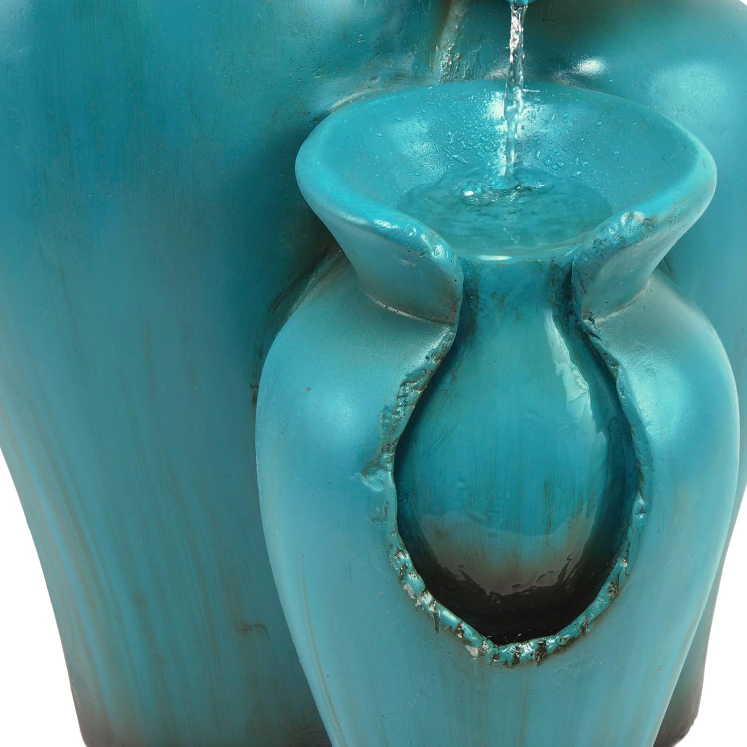 Alpine Corporation DIG246TUR 21' Outdoor 3-Tiered Pots Water Fountain – Cascading Ceramic Water Feature with Built-In Pump for Gardens, Patios, Yards, and Outdoor Décor, Turquoise