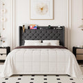 Allewie Queen Size Bed Frame, Storage Headboard with Charging Station, Wingback Linen Upholstered, Diamond Stitched Button Tufted, Sturdy Wooden Slats, No Box Spring Needed, Easy Assembly, Dark Gray