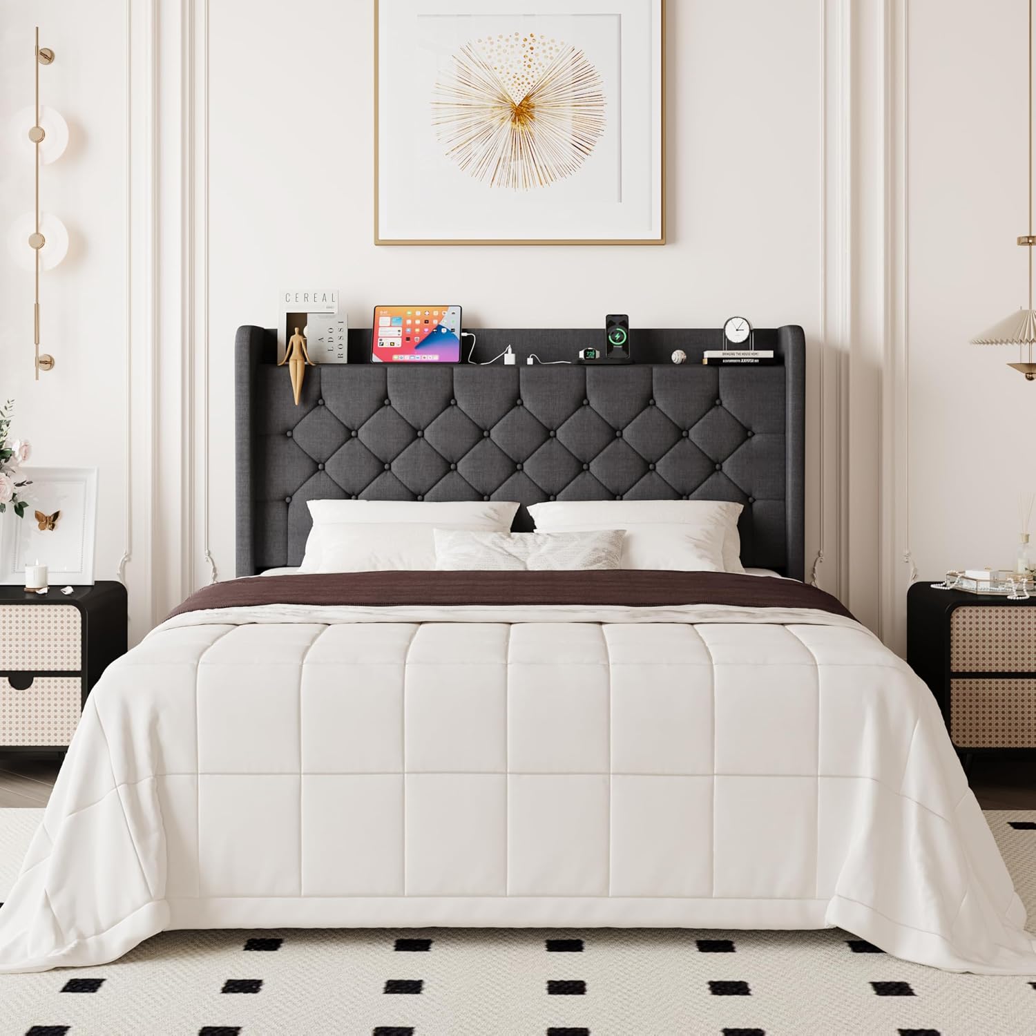 Allewie Queen Size Bed Frame, Storage Headboard with Charging Station, Wingback Linen Upholstered, Diamond Stitched Button Tufted, Sturdy Wooden Slats, No Box Spring Needed, Easy Assembly, Dark Gray