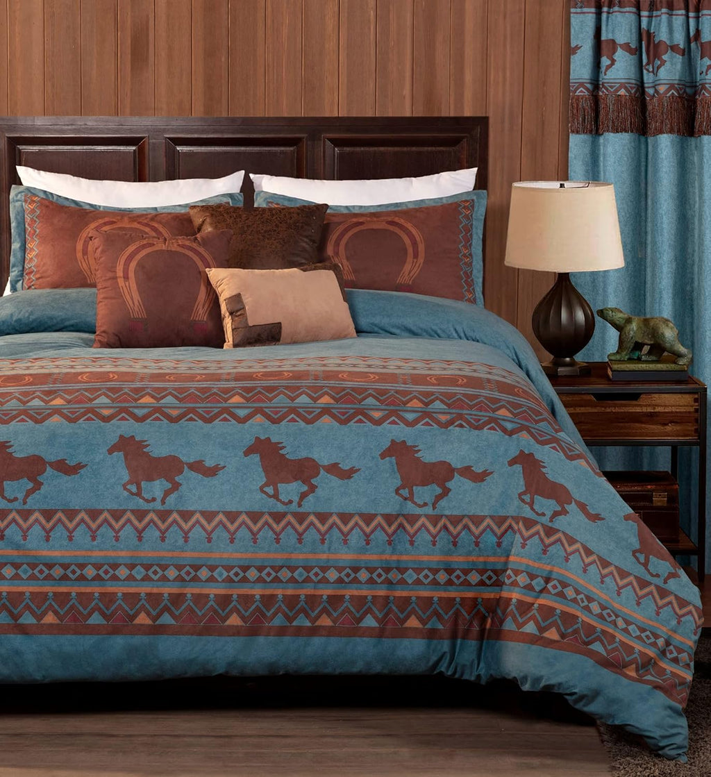 Chezmoi Collection Sedona 7-Piece Southwestern Wild Horses Microsuede Bedding Comforter Set, Queen, Turquoise Blue