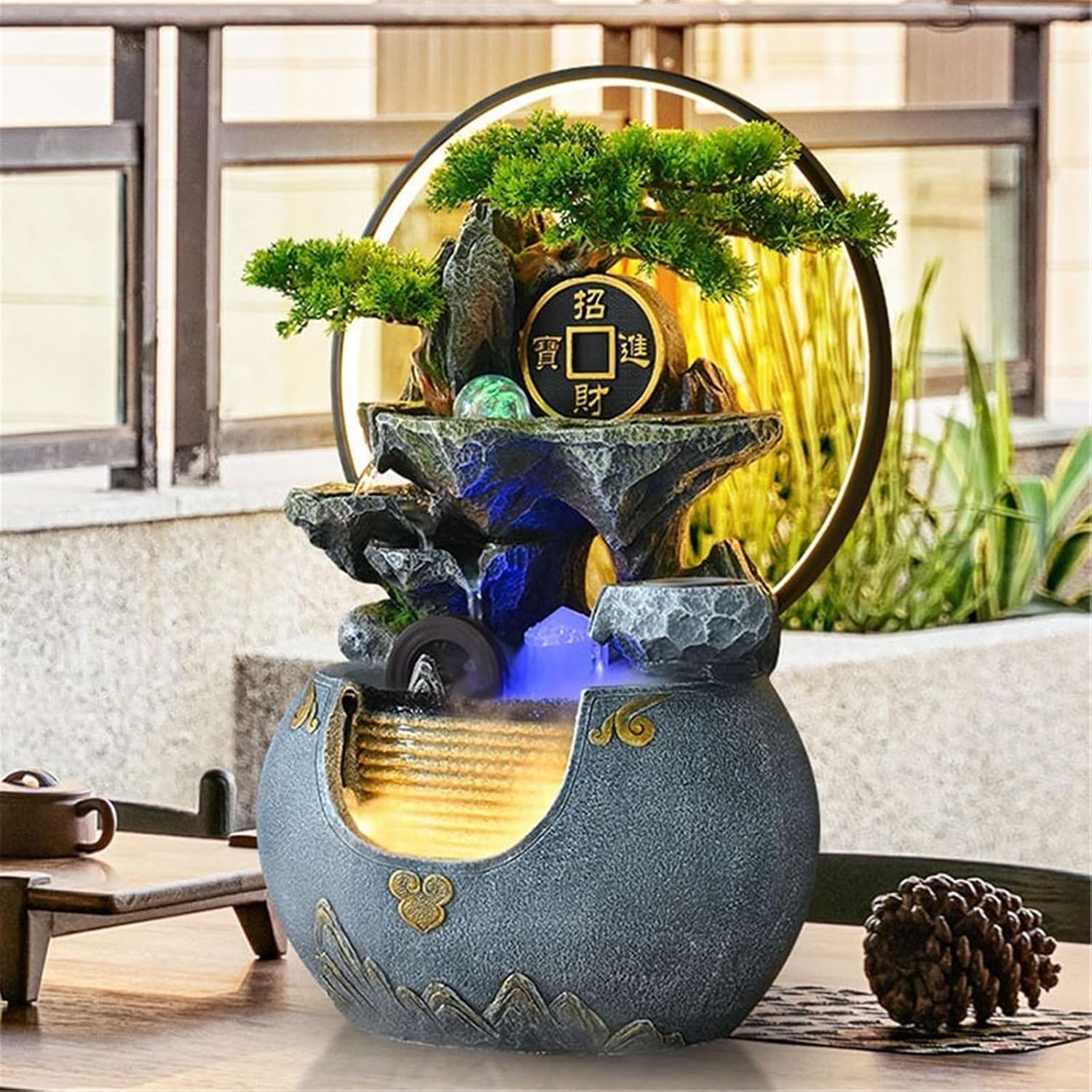 Tabletop Fountain Waterfall Tabletop Water Fountain Rockery with Waterfall and Decorative Piece for Home Office Decor(Gris)