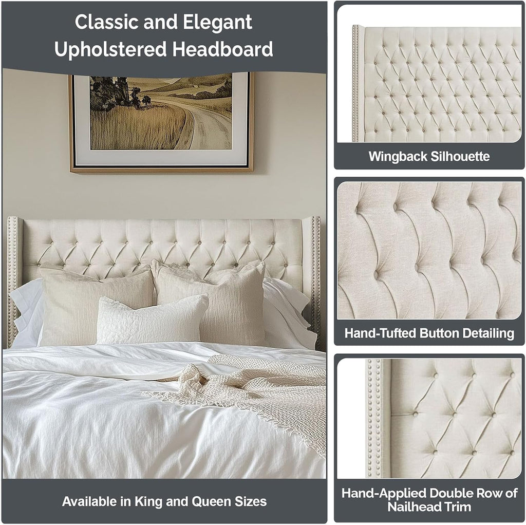 Madison Park Amelia Headboard Queen Wingback Upholstered - Hand-Tufted Button Detail, Double Nailhead Trim, Foam-Padded Durable Fabric, Adjustable Fit for Classic Bedrooms-Beige Velvet