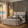 Queen Size Canopy Bed with Tall Upholstered Channel Headboard, Metal 4 Poster Upholstered Bed, No Box Spring Needed (Gold + Beige, Queen)