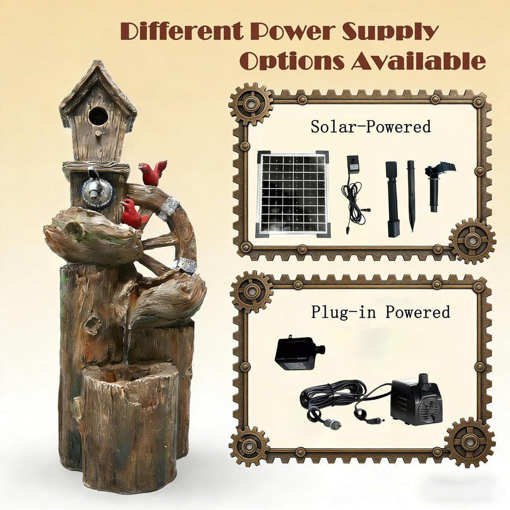 3-Tier Bird Fountain with LED Light - Solar & Adapter Dual Power Option, 38.2 Inch Outdoor Water Feature for Garden & Yard