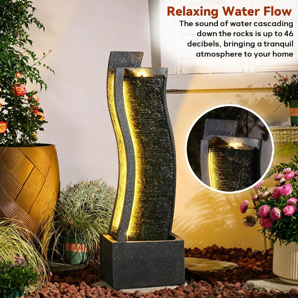 Sunlinua 43H Modern Outdoor Water Fountain with LED Light Garden Cascading Curved Waterfall Feature for Indoor or Outdoor Relaxing Garden Patio Backyard Deck Porch or Home Décor