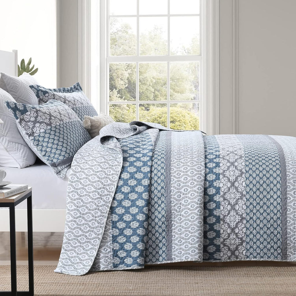 PERHOM Quilt King Size - 100% Long-Staple Cotton Lightweight King Quilt Set, Blue Gray Striped Bedding Set for King Bed, Farmhouse Floral Patchwork Reversible Bedspreads All Seasons, 3 Pieces