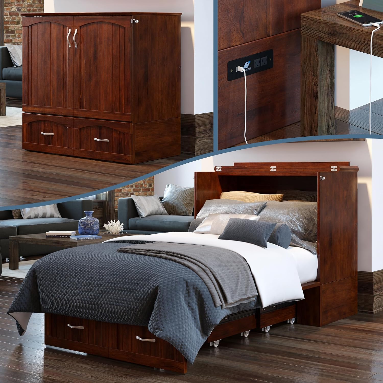 AFI, Southampton Murphy Bed Chest Twin XL with 6' Mattress, Storage Drawer & Built-in USB Charger, Walnut