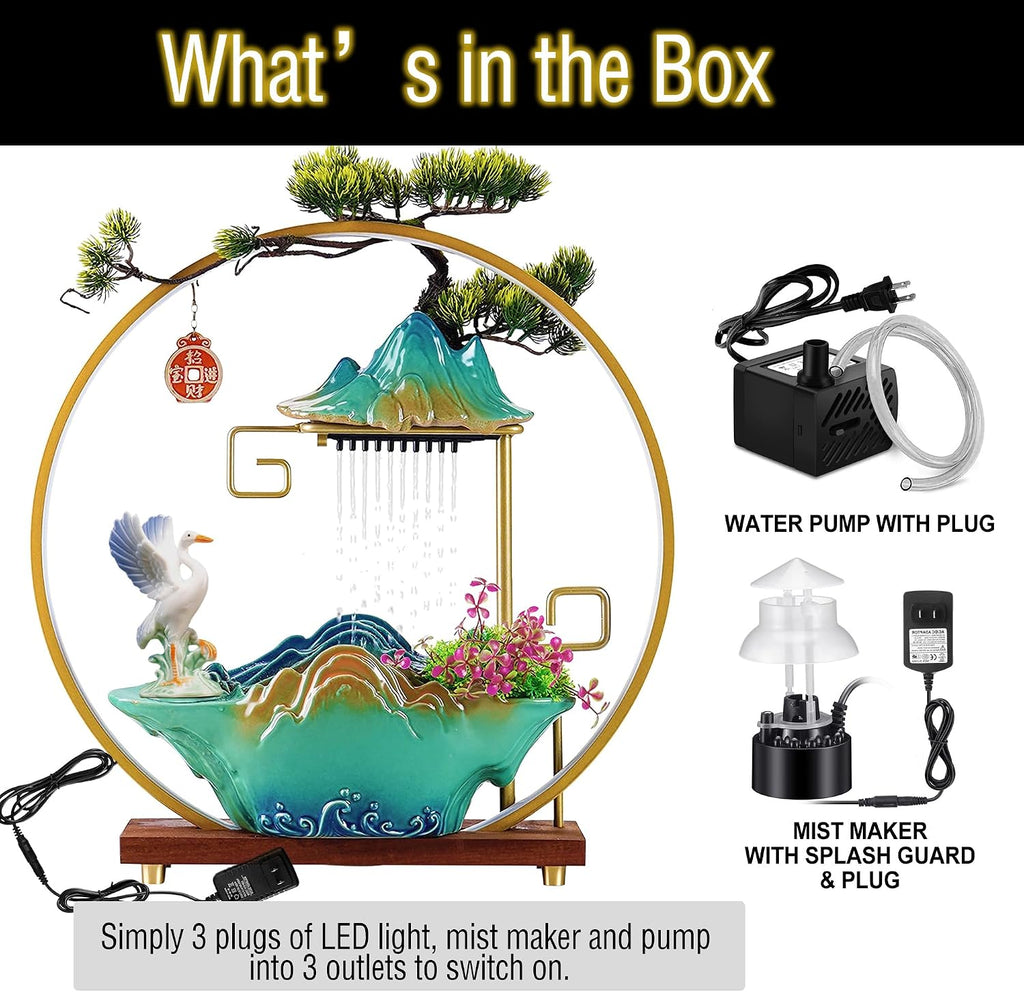 Ceramic Maitreya Buddha Incense Burner, Waterfall Lotus LED Light Ring Backflow Aromatherapy Ornament, with Incense Cones for Home Office Decor for Relaxation Yoga Gift (Crane-2)
