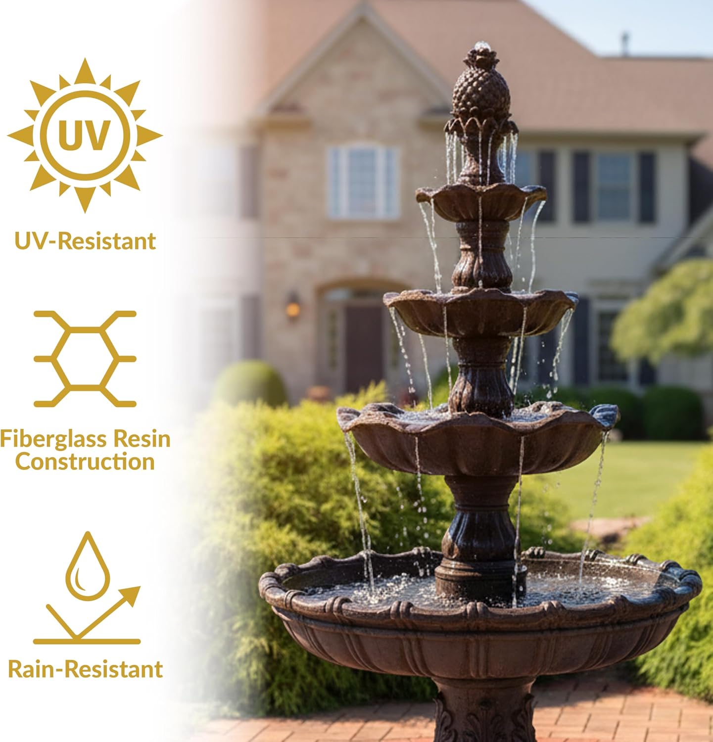 Sunnydaze Grand Courtyard 4-Tier Large Outdoor Water Fountain - 80' Tall Outdoor Fountain - Tiered Electric Garden Water Feature for Patio, Backyard, or Yard - Faux Stone Resin - Dark Chestnut