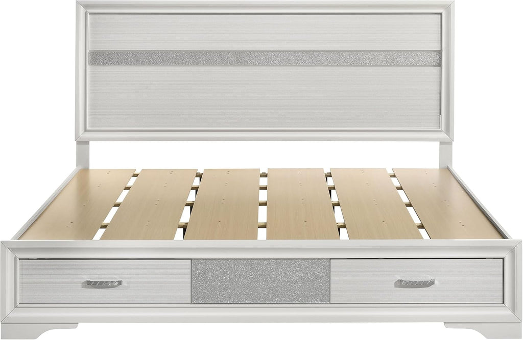 BOWERY HILL King Storage Panel Bed, 50.25' H x 79.25' W x 83.75' D, Asian Hardwood and Particle Board, White and Rhinestone Finish, 2 Drawers, Contemporary Style, Box Spring Required