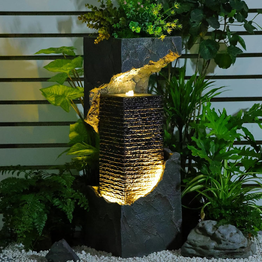 35.4' H Water Fall Fountains Indoor Waterfall Fountain Outdoor with LED Lights Floor-Standing for Outside Garden, Patio, Backyard, Deck Decor, Pool, Porch, Landscaping, Balconies