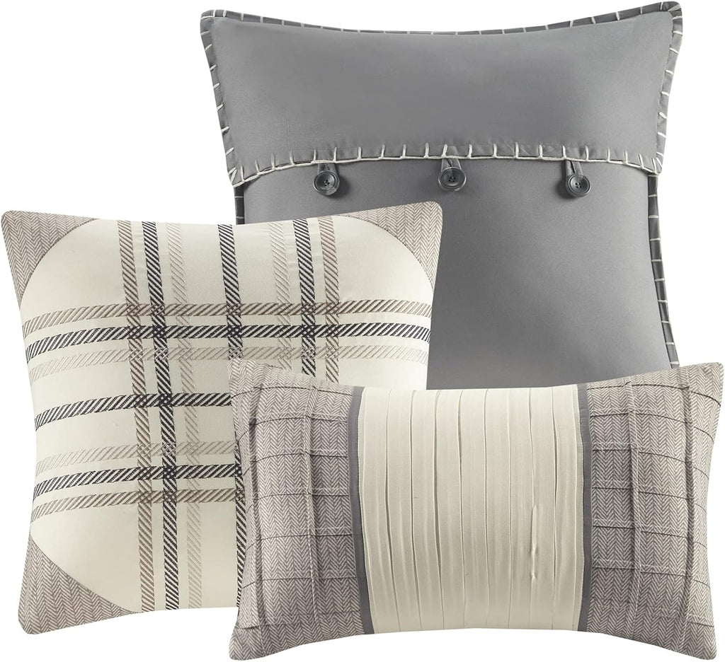 Madison Park Ridge Comforter Set-Cabin Lodge Plaid Herringbone Design All Season Down Alternative Cozy Bedding with Matching Bedskirt, Shams, Decorative Pillow, King(104'x92'), Neutral 7 Piece