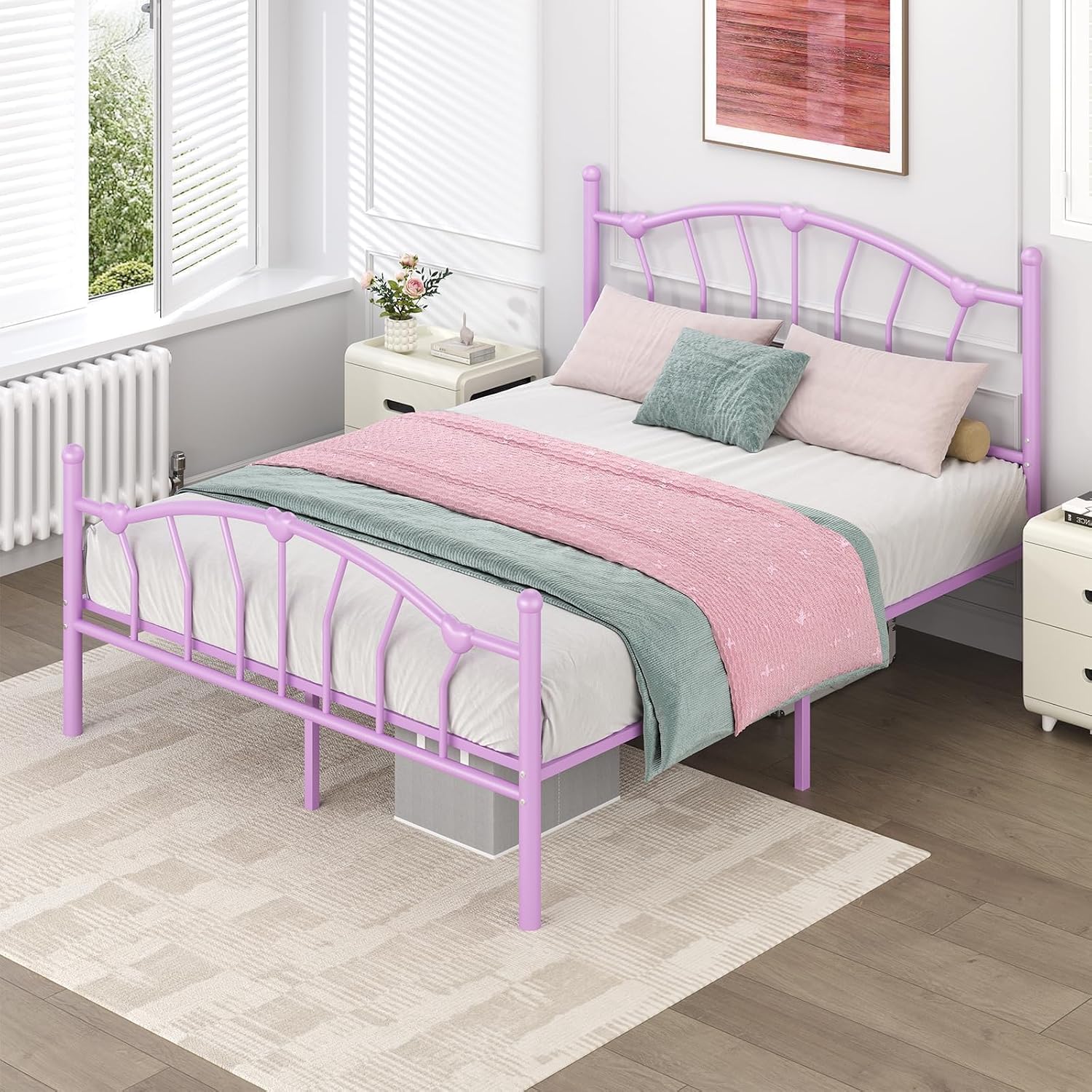 IMMERSTABLE Queen Bed Frame, Heart-Shaped Headboard Metal Platform Bed for Guest Room Bedroom, 12.5' Under Bed Storage, 800LBS Heavy Duty, Noise-Free, No Box Spring Needed, Easy Assembly, Purple