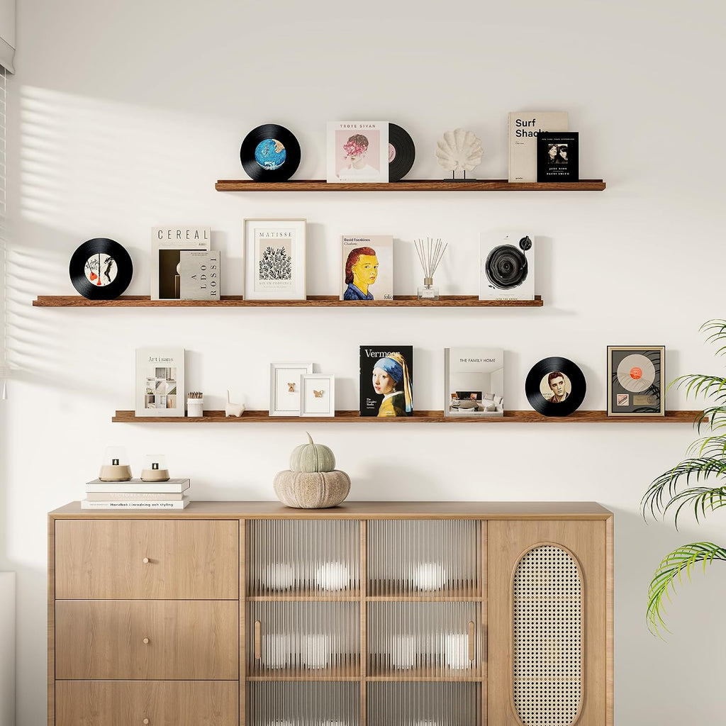 Floating Picture Ledge Shelves for Wall Set of 2, 95 Inches Picture Ledge Shelf with Long Large Nursery Book Shelf for Toys Storage Kids Bookshelf Wall Mounted Living Room Bedroom Decor Frames, Walnut
