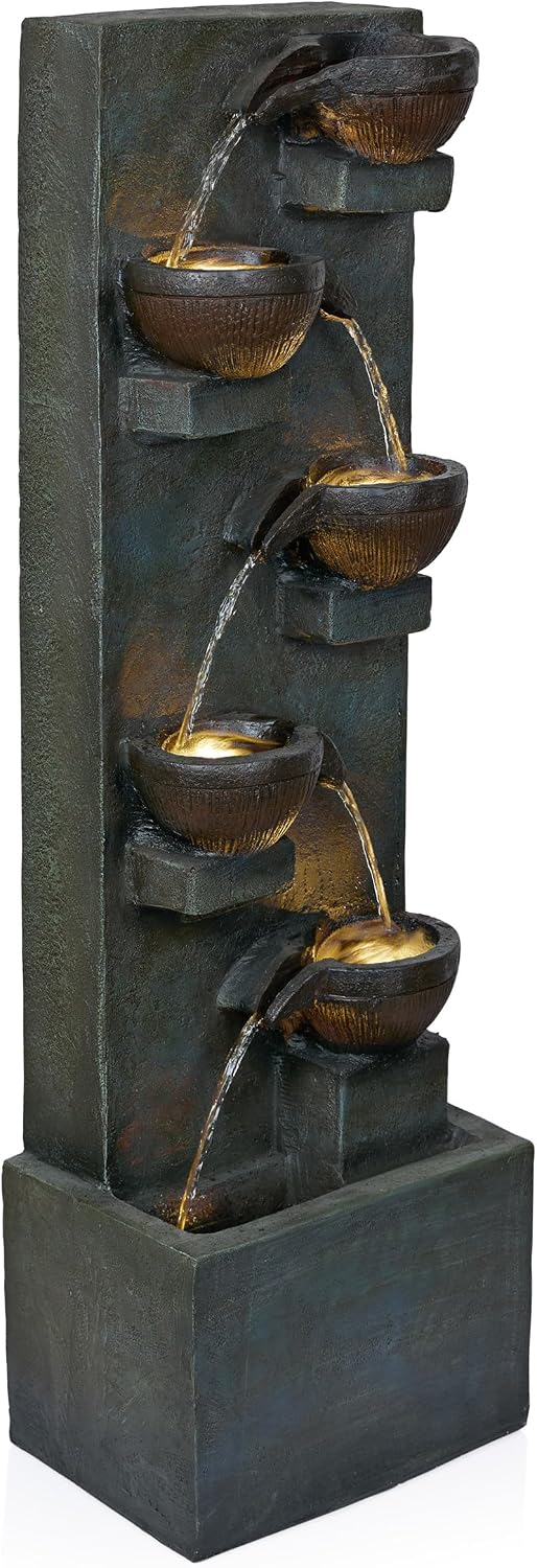 Alpine Corporation TZL364 39' 6-Tier Bowl Floor Fountain with Warm LED Lights, Outdoor Garden Waterfall, Decorative Water Feature for Patio, Backyard, and Lawn, Gray