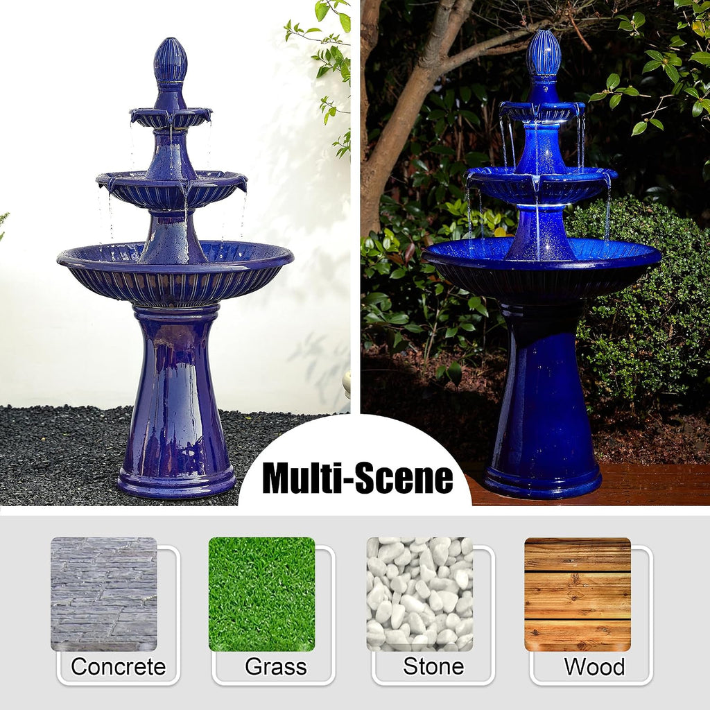 Glitzhome Water Fountain Outdoor Floor-Stand Fountain with LED Light & Pump Oversized 3 Tier Ceramic Cobalt Blue Patio Fountains and Waterfalls Outdoor Yard Fountains for Lawn Garden Backyard