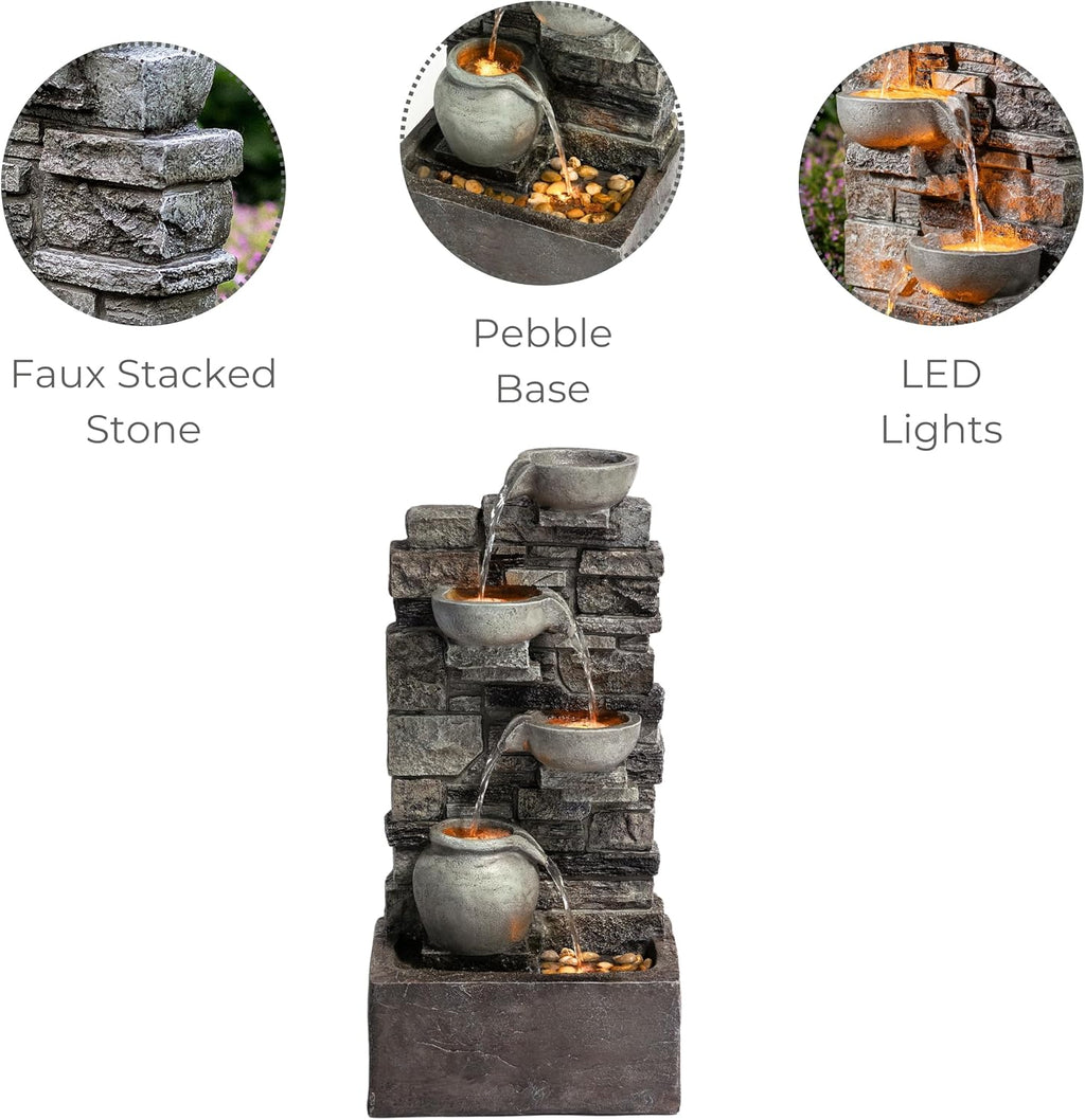 Teamson Home 28.5' Outdoor 4-Tier Stacked Stone Cascading Water Fountain with LED Lights, Gray