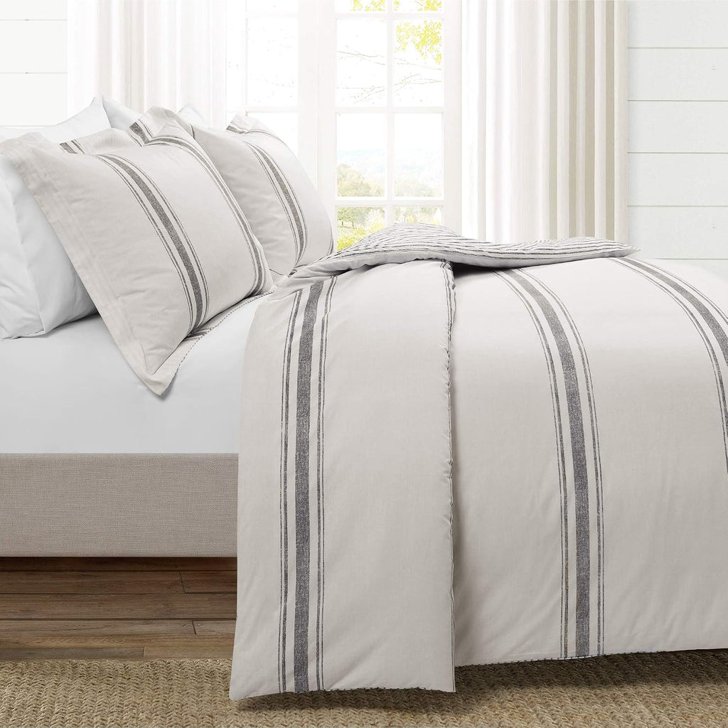 Lush Decor Farmhouse Stripe Reversible Cotton Duvet Cover King Size 3 Piece Set Gray - Farmhouse Bedding Set King - Striped Duvet Cover