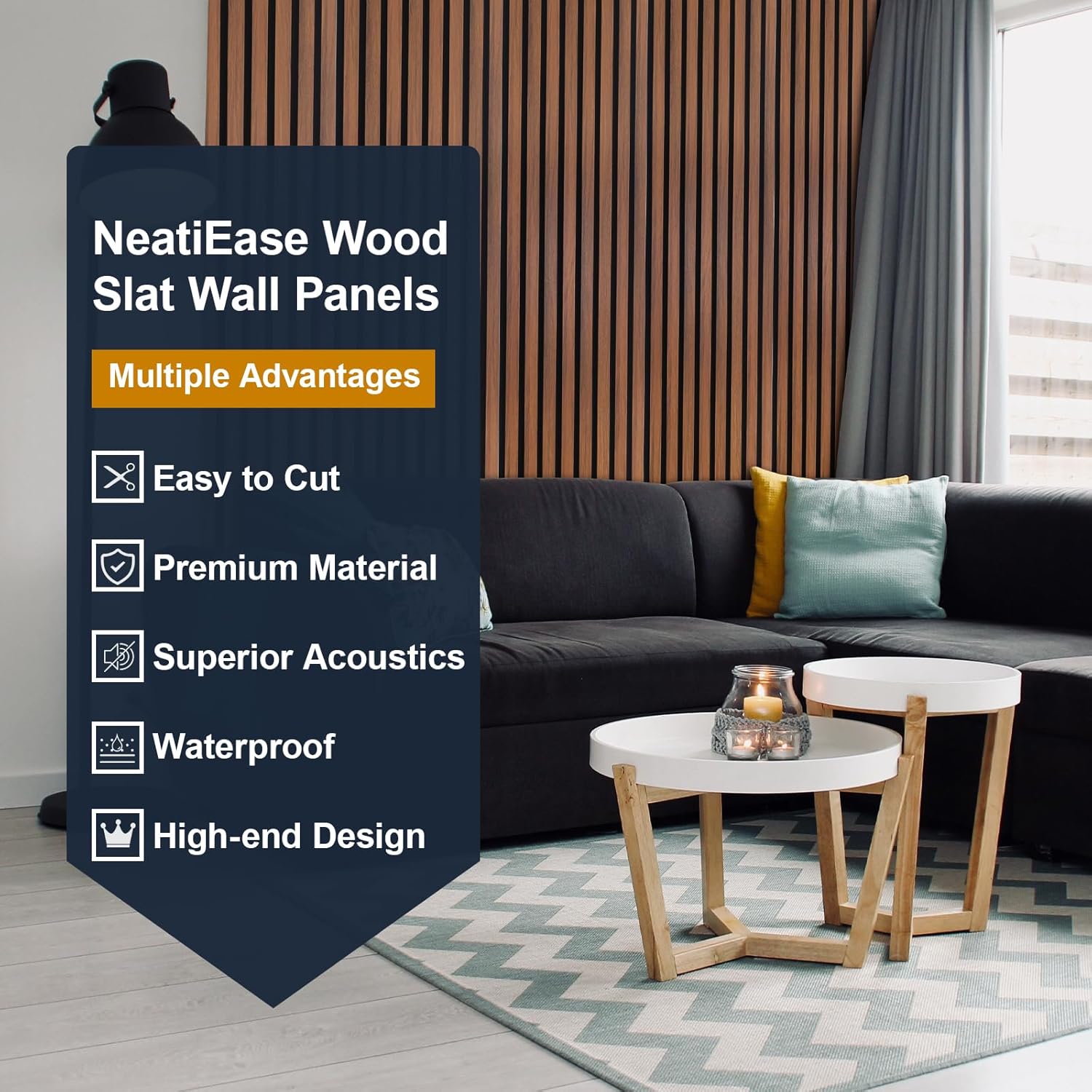 NeatiEase Wood Panels for Wall, 4-Piece 120' x 12.6' Soundproof Wood Slat Wall Panel for Interior Wall Decor Noise Cancelling, Acoustic Wall Panels, Sound Absorbing Panel (Teak)