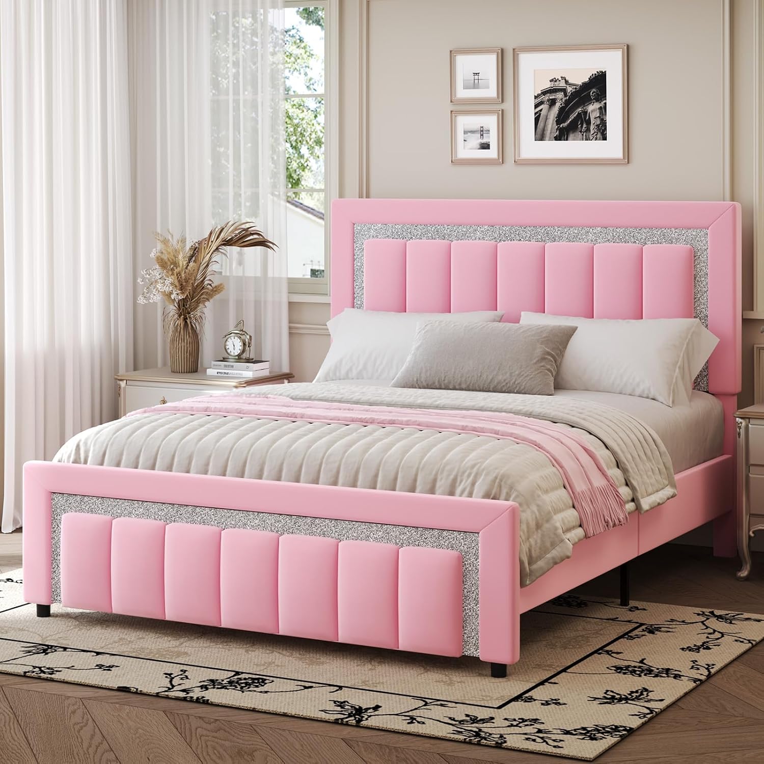 HOMBCK Queen Bed Frame, Upholstered Bed Frame with Diamond Headboard, Modern Queen Size Bed with Wooden Slats Support, Mattress Foundation, No Box Spring Needed, Easy Assembly, Pink