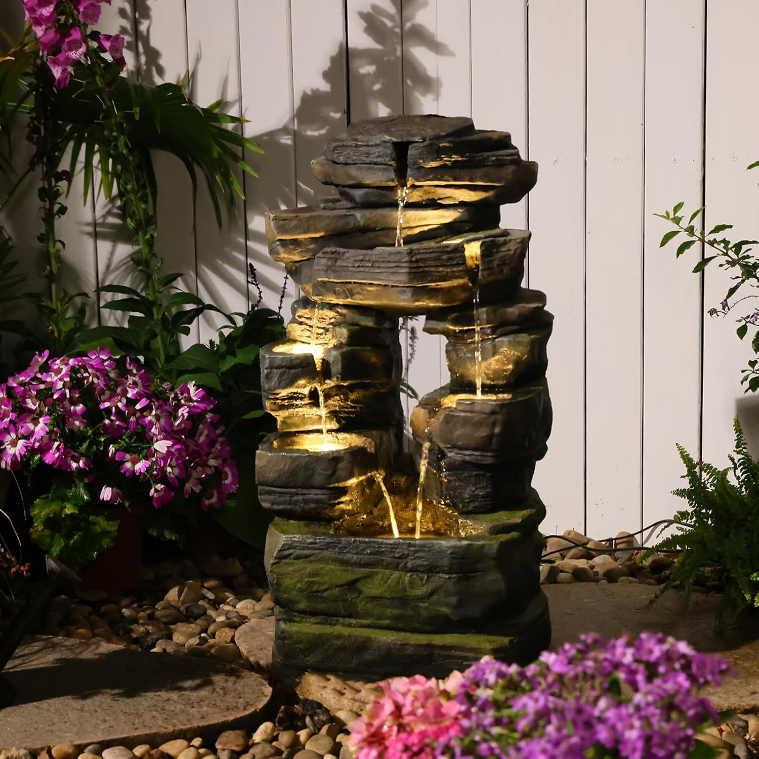 26.4' Outdoor Water Fountain with LED Lights, Stacked Rock Waterfall Fountain, Resin Garden Water Feature for Arch Design, Freestanding Patio, Yard