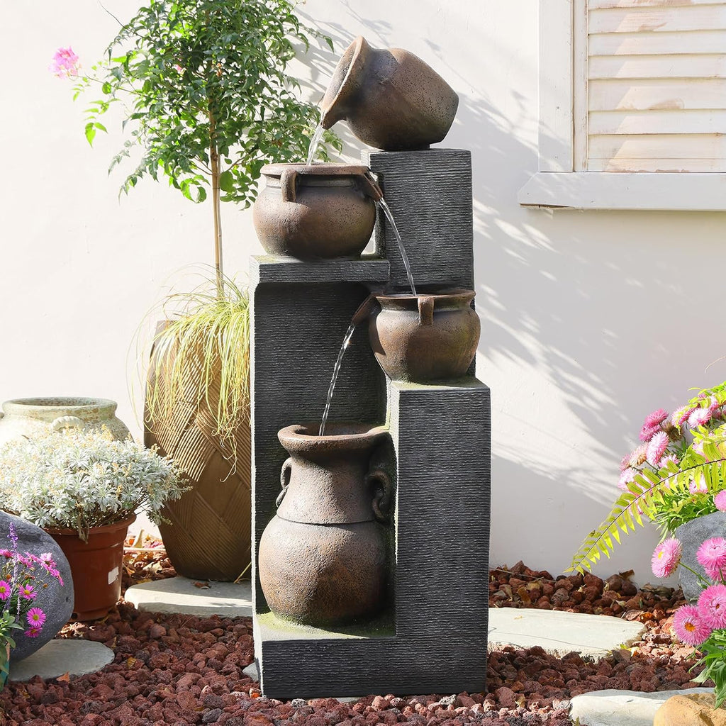 Bumilgar 53' H Large Water Fountain Outdoor - The 4 Cascading Modern Feature Crocks Garden Fountains and Waterfalls with Warm Lights for Porch, Deck, Patio, Backyard Home Décor (Gray)