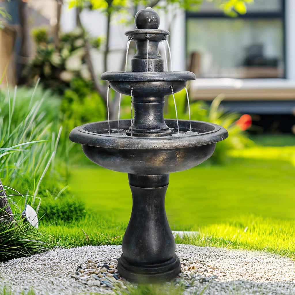 SunJet 45.2' High 3-Tiers Modern Concrete Outdoor Water Fountain - Round Large Outdoor Fountains and Waterfalls for Garden, Patio, Yard, and Deck Decor, Featuring Natural Stone Look (Black, 45.2inch)