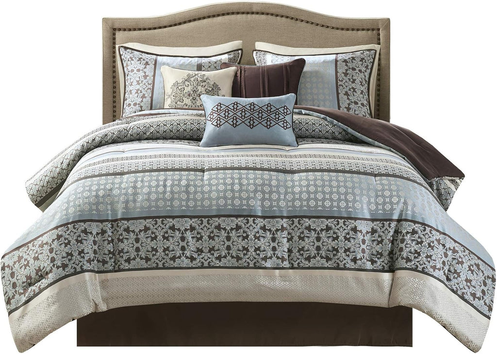 Madison Park Princeton Cozy Comforter Set - Luxurious Jaquard Traditional Damask Design, All Season Down Alternative Bedding with Matching Shams, Decorative Pillow, Cal King(104'x92'), Blue 7 Piece