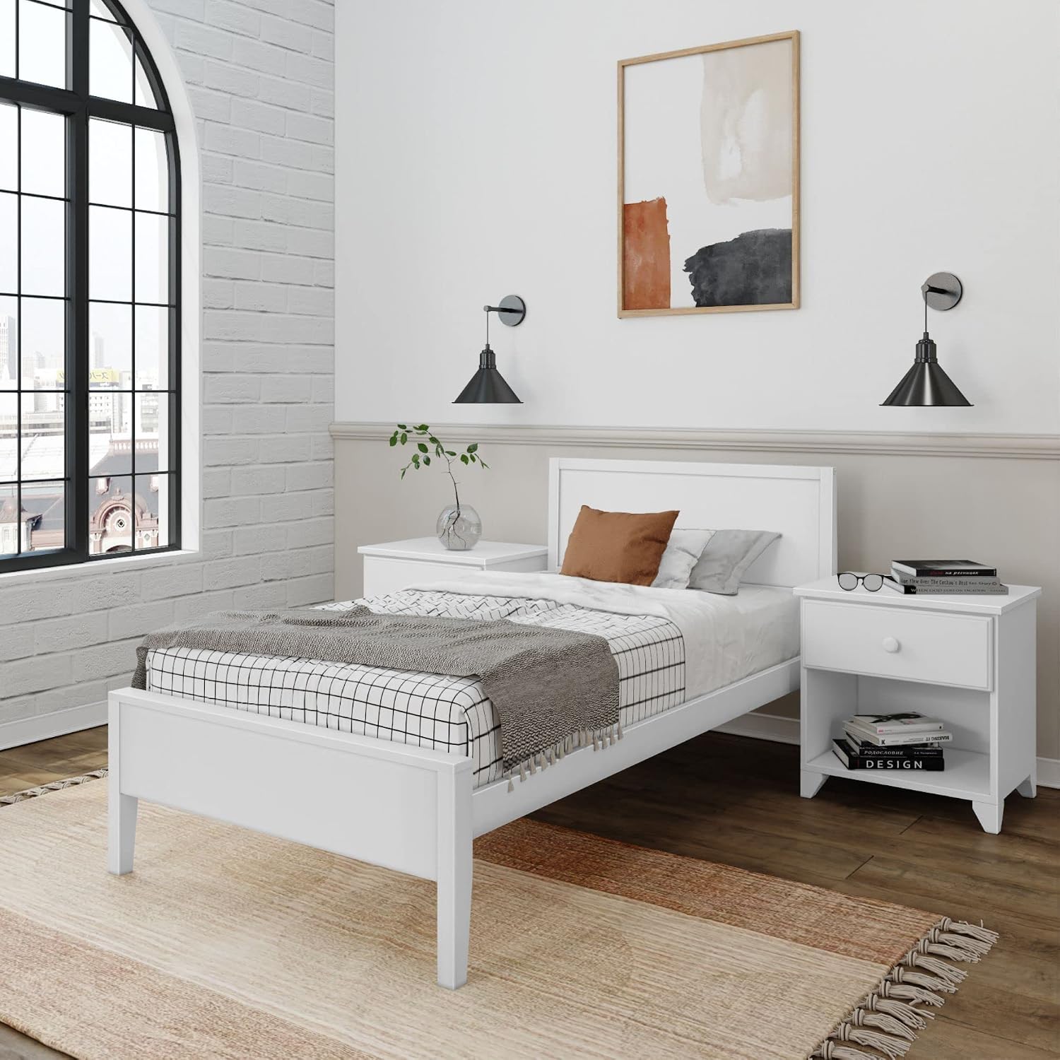 Plank+Beam Solid Wood Twin Bed Frame with Panel Headboard, Modern Twin Platform Bed with Wood Slat Support, No Box Spring Needed, White