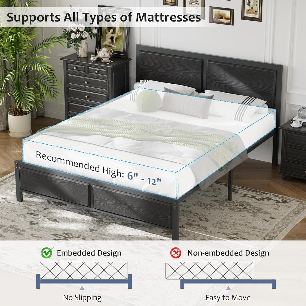 VECELO Full Bed Frames, Metal Platform Beds with Large Rustic Wooden Headboard, Metal Slats Support, Noise-Free/Easy Assembly, Black