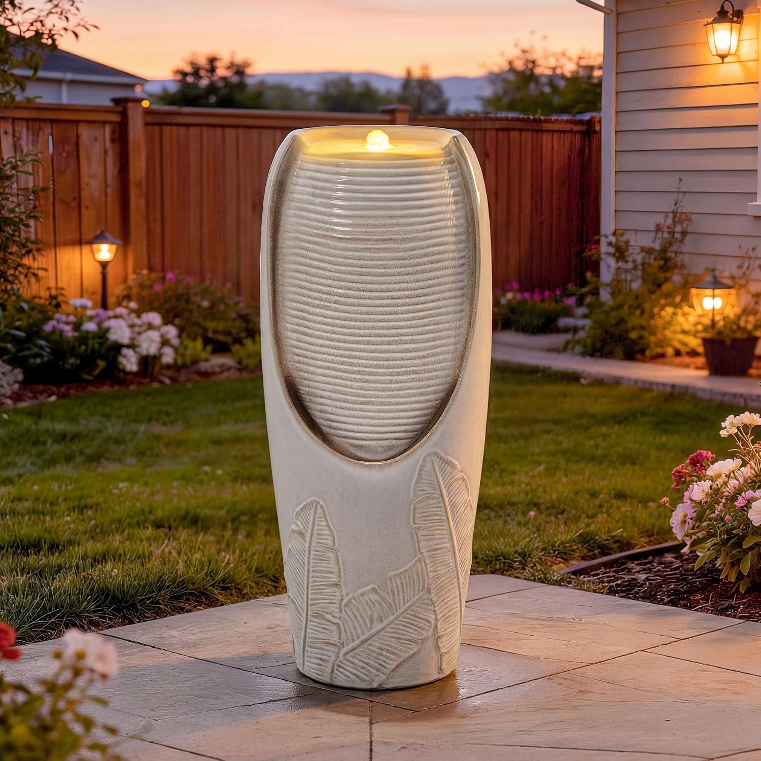 32' H Outdoor Garden Fountain with LED Lights, Modern Ceramic Jar Water Feature, Tropical Leaf Embossed Pattern, Beige Glaze, Soothing Cascading Waterfall for Patio, Yard, Porch
